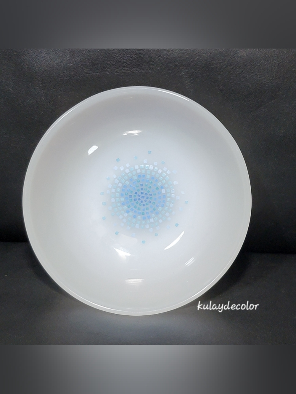 Vintage Fire-King Blue Mosaic Milk Glass Bowl Anchor Hocking Mid Century USA